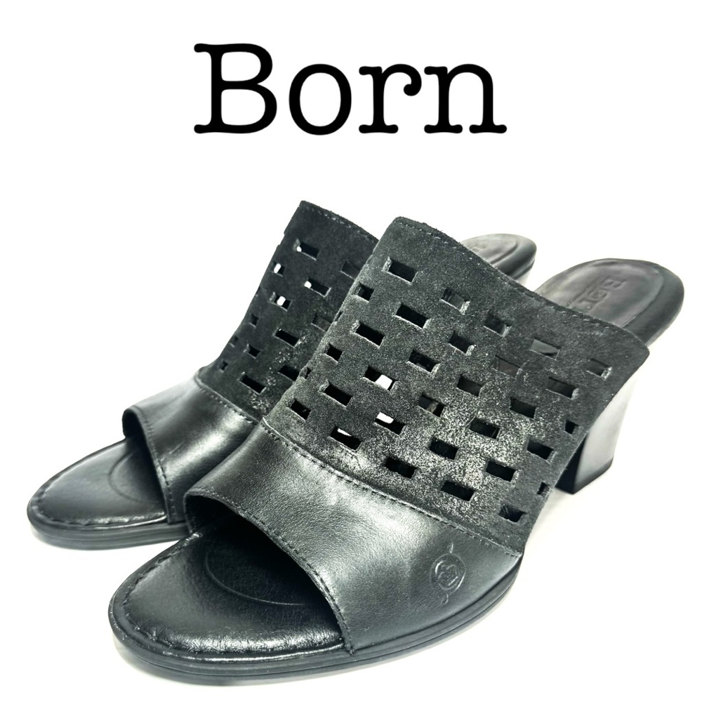 Born Black Leather Perforated Slip On Heel Sandals Size 10